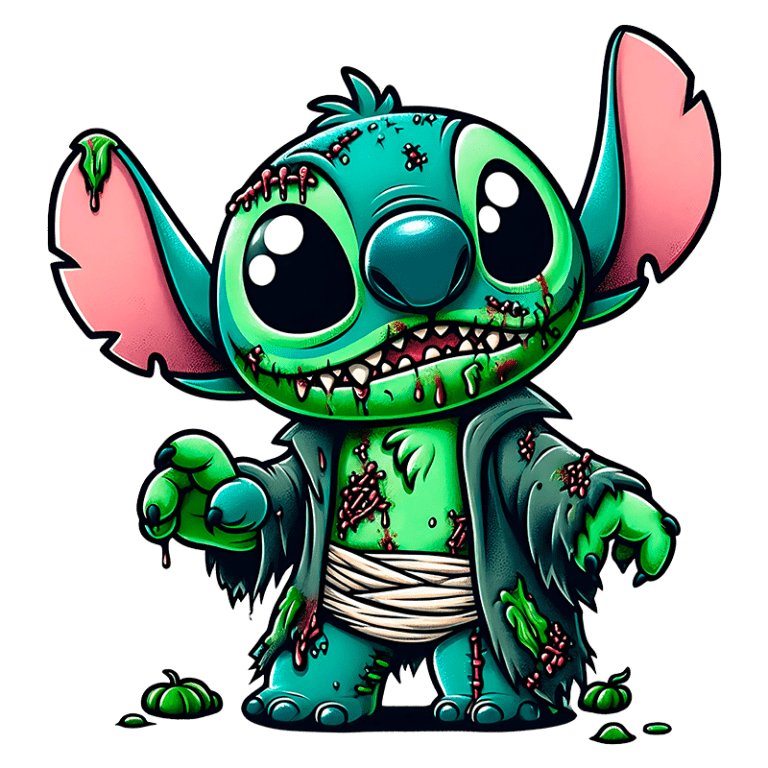 Stitch com aparência de zumbi, apresentando pele azul esverdeada e roupas rasgadas. O personagem possui olhos grandes e expressivos, além de detalhes de sujeira e feridas, criando um visual divertido e assustador.