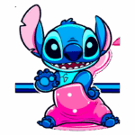 Personagem Stitch, de cor azul vibrante, sorrindo e acenando enquanto está sentado em uma bolsa rosa. O fundo é simples, aumentando o foco na figura animada. Ideal para conteúdos relacionados a animações e personagens da Disney.