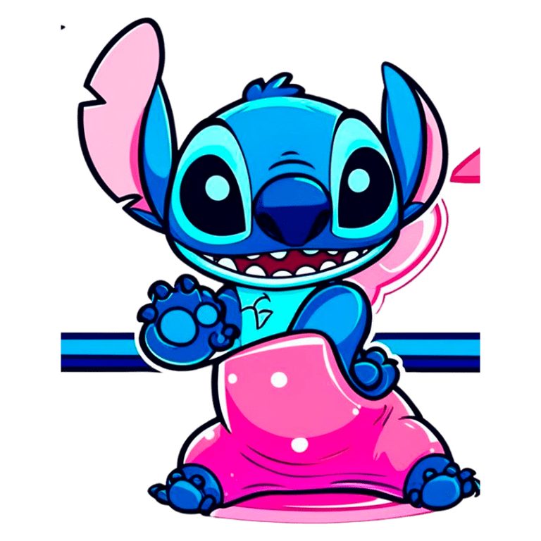 Personagem Stitch, de cor azul vibrante, sorrindo e acenando enquanto está sentado em uma bolsa rosa. O fundo é simples, aumentando o foco na figura animada. Ideal para conteúdos relacionados a animações e personagens da Disney.