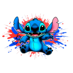 Personagem Stitch em estilo cartoon, sorridente e com braços abertos, cercado por respingos coloridos de tinta vermelha e azul. Ideal para temas de animação e criatividade.