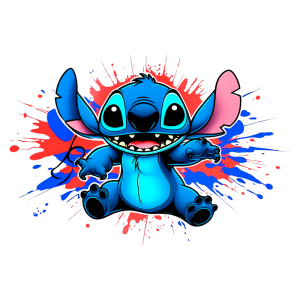 Personagem Stitch em estilo cartoon, sorridente e com braços abertos, cercado por respingos coloridos de tinta vermelha e azul. Ideal para temas de animação e criatividade.