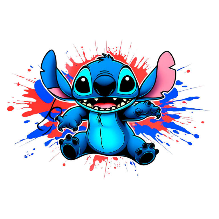 Personagem Stitch em estilo cartoon, sorridente e com braços abertos, cercado por respingos coloridos de tinta vermelha e azul. Ideal para temas de animação e criatividade.
