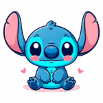 Stitch sentado e sorrindo. O personagem possui olhos expressivos e bochechas rosadas, com corações ao fundo, transmitindo uma sensação de fofura e simpatia.