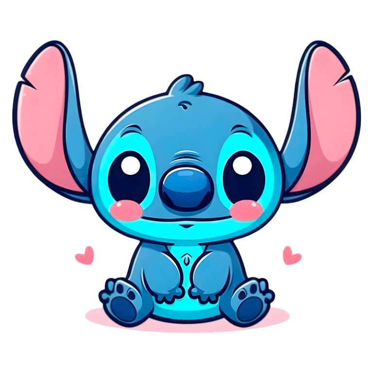Stitch sentado e sorrindo. O personagem possui olhos expressivos e bochechas rosadas, com corações ao fundo, transmitindo uma sensação de fofura e simpatia.