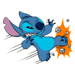 Imagem de Stitch, personagem azul de desenho animado, chutando com força, soltando pedras e fazendo explosão de emoção, em um fundo verde.