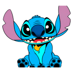 Imagem de Stitch, personagem azul animado da Disney, com grandes olhos, orelhas longas e sorriso largo, sentado e com a pata levantada, demonstrando alegria.