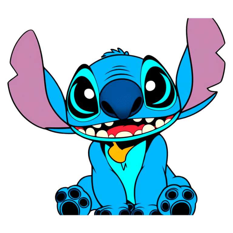 Imagem de Stitch, personagem azul animado da Disney, com grandes olhos, orelhas longas e sorriso largo, sentado e com a pata levantada, demonstrando alegria.