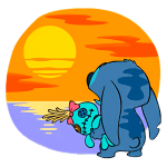 Personagens Stitch olhando para um pôr do sol em um cenário colorido, com um background de céu alaranjado e azul, refletindo na água. A figura maior é um personagem azul com orelhas longas e a menor, um boneco de pano azul com um laço rosa.