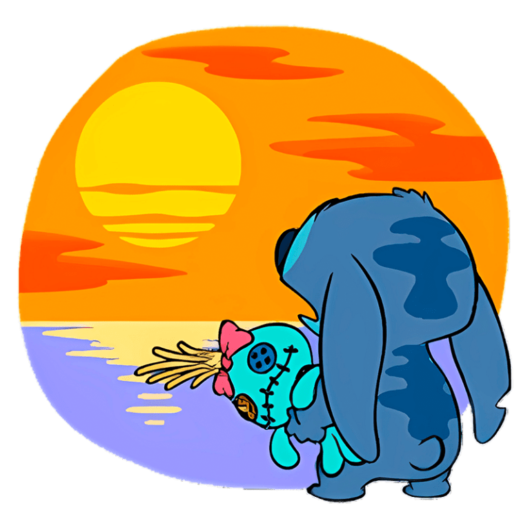 Personagens Stitch olhando para um pôr do sol em um cenário colorido, com um background de céu alaranjado e azul, refletindo na água. A figura maior é um personagem azul com orelhas longas e a menor, um boneco de pano azul com um laço rosa.