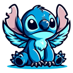 Stitch com grandes olhos e asas, sentado com as patas dianteiras apoiadas no chão, exibindo um visual carismático e amigável.
