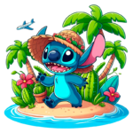 Stitch usando um chapéu de palha, correndo em uma praia tropical cercada por palmeiras, flores e cactos, com um avião no céu.