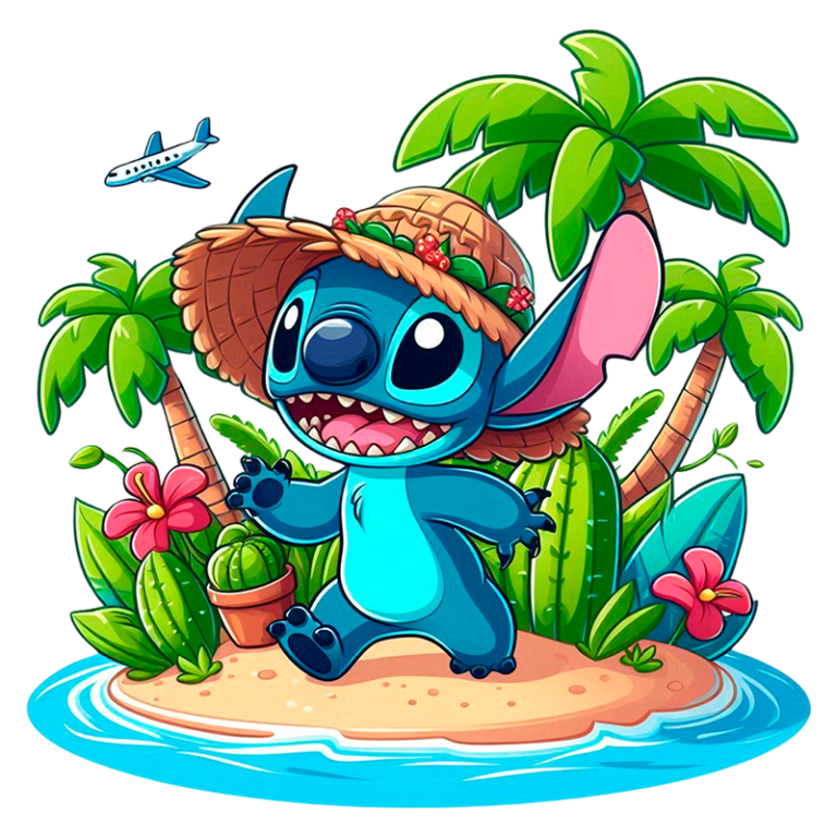Stitch usando um chapéu de palha, correndo em uma praia tropical cercada por palmeiras, flores e cactos, com um avião no céu.