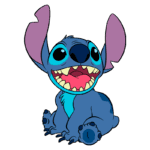 Personagem Stitch, do filme Lilo & Stitch, sorrindo e sentado, com orelhas grandes e corpo azul, fundo verde.