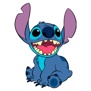 Personagem Stitch, do filme Lilo & Stitch, sorrindo e sentado, com orelhas grandes e corpo azul, fundo verde.