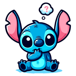 Stitch sentado e expressando curiosidade, com um balão de pensamento contendo um ponto de interrogação. Ideal para temas infantis e entretenimento.