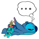 Stitch, o personagem azul da Disney, deitado com uma boneca de aparência peculiar ao lado, enquanto pensa, representado por um balão de pensamento com três pontos.