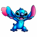 Personagem animado Stitch, da Disney, sorrindo e com as orelhas levantadas, em tons de azul e rosa, transmitindo uma sensação de alegria e diversão. Ideal para temas relacionados a animações e cultura pop.