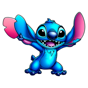 Personagem animado Stitch, da Disney, sorrindo e com as orelhas levantadas, em tons de azul e rosa, transmitindo uma sensação de alegria e diversão. Ideal para temas relacionados a animações e cultura pop.