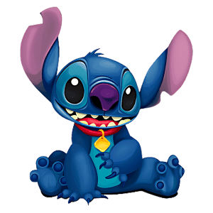 Personagem Stitch da Disney, um alienígena azul com grandes orelhas e sorriso divertido, sentado e segurando uma corrente amarela. Fundo transparente.
