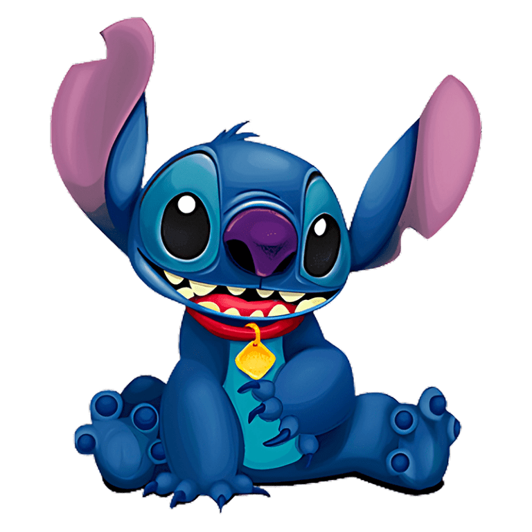 Personagem Stitch da Disney, um alienígena azul com grandes orelhas e sorriso divertido, sentado e segurando uma corrente amarela. Fundo transparente.