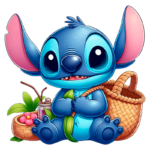 Stitch segurando uma folha verde e sentado sobre uma cesta, ao lado de uma bebida tropical e flores coloridas, transmitindo um ar divertido e alegre.