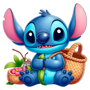 Stitch segurando uma folha verde e sentado sobre uma cesta, ao lado de uma bebida tropical e flores coloridas, transmitindo um ar divertido e alegre.