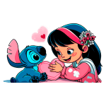 Menina sorridente segurando um coração ao lado de Stitch, o personagem azul de "Lilo & Stitch", com corações ao fundo. A ilustração é colorida e transmite uma sensação de carinho e amizade.