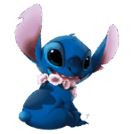 Personagem Stitch da Disney, com pele azul e grandes orelhas, usando um colar de flores brancas. Ele está sorrindo e posicionado de forma adorável.