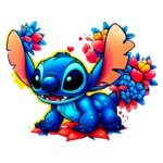 Personagem animado Stitch, de pele azul, sorrindo e cercado por flores coloridas, em um fundo vibrante. Ideal para temas de amizade e diversão.