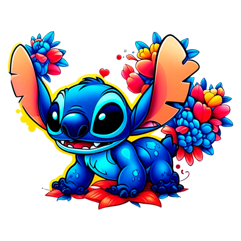 Personagem animado Stitch, de pele azul, sorrindo e cercado por flores coloridas, em um fundo vibrante. Ideal para temas de amizade e diversão.