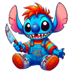 Personagem colorido inspirado em Stitch, sentado com um sorriso, segurando uma faca ensanguentada. Ele usa um macacão azul com listras coloridas e a frase "Good Guy" estampada. Ideal para fan art ou produtos relacionados a desenhos animados.