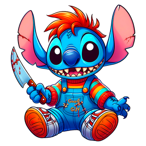 Personagem colorido inspirado em Stitch, sentado com um sorriso, segurando uma faca ensanguentada. Ele usa um macacão azul com listras coloridas e a frase "Good Guy" estampada. Ideal para fan art ou produtos relacionados a desenhos animados.