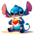 Stitch segurando um coração vermelho iluminado, simbolizando amizade e amor. Ideal para temas de carinho e afeto.