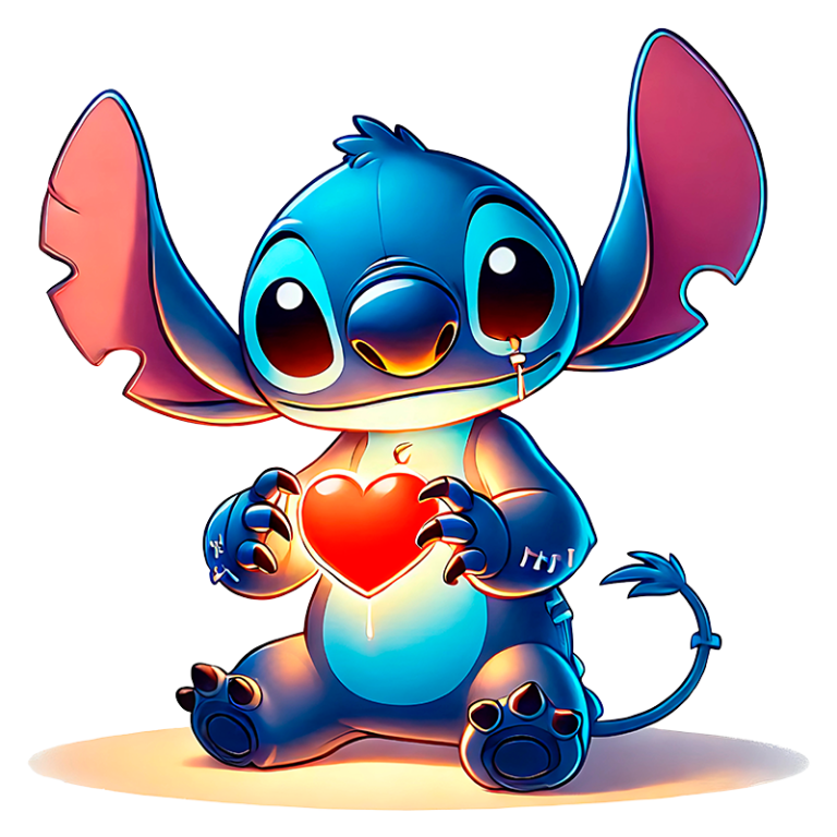 Stitch segurando um coração vermelho iluminado, simbolizando amizade e amor. Ideal para temas de carinho e afeto.