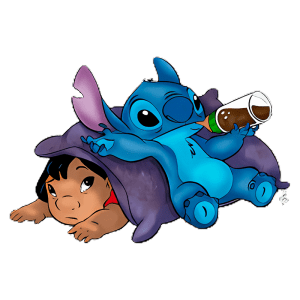 Ilustração de Stitch, o alienígena azul, relaxando sobre uma criança que se esconde sob um cobertor. Stitch segura uma bebida, transmitindo uma sensação de diversão e amizade entre eles.
