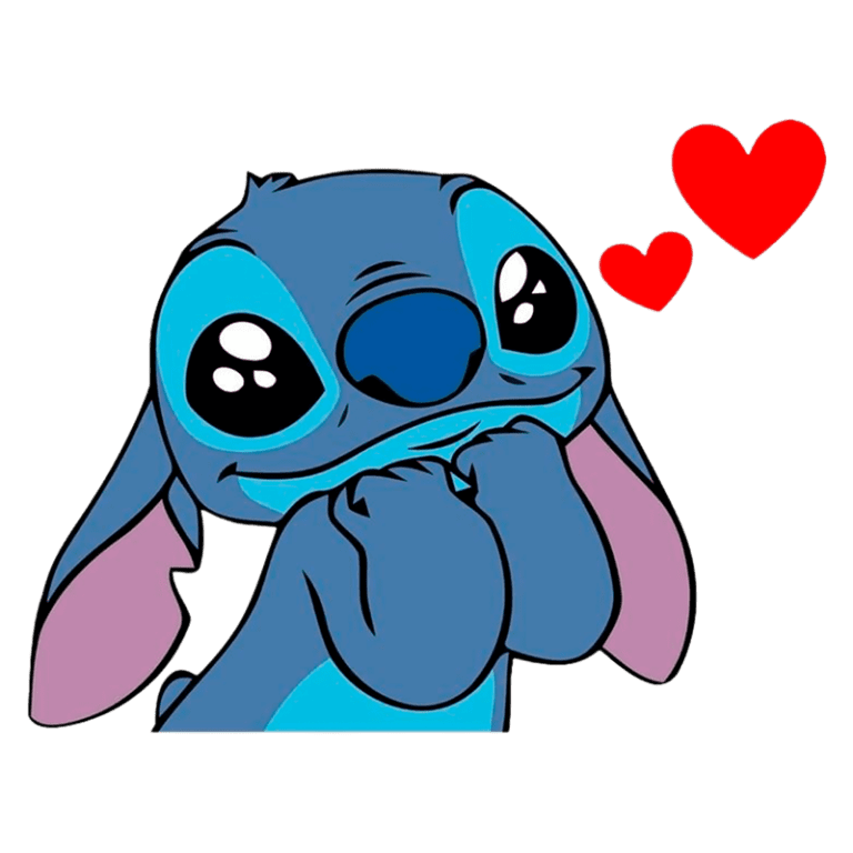 Personagem Stitch da Disney com expressão fofa e cor azul, segurando as mãos perto do rosto, acompanhado por corações vermelhos, simbolizando amor.