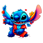 Imagem do personagem Stitch, do filme Lilo & Stitch, em estilo animado, com corpo azul vibrante, expressões alegres, usando uma camisa vermelha e segurando flores coloridas.
