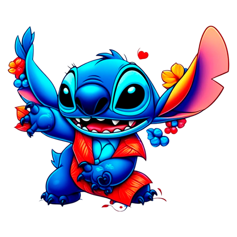 Imagem do personagem Stitch, do filme Lilo & Stitch, em estilo animado, com corpo azul vibrante, expressões alegres, usando uma camisa vermelha e segurando flores coloridas.