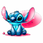 Desenho colorido de uma criatura azul chamada Stitch, com grandes orelhas e olhos expressivos, sentado em um fundo suave rosa e branco, transmitindo uma sensação de fofura e diversão. Ideal para amantes de personagens de animação e cultura pop.