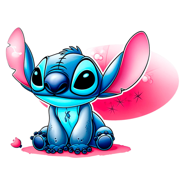 Desenho colorido de uma criatura azul chamada Stitch, com grandes orelhas e olhos expressivos, sentado em um fundo suave rosa e branco, transmitindo uma sensação de fofura e diversão. Ideal para amantes de personagens de animação e cultura pop.
