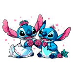 Dois Stitchs sorridentes em vestidos brancos segurando flores rosa, com detalhes florais no cenário, representando um momento alegre e lúdico.