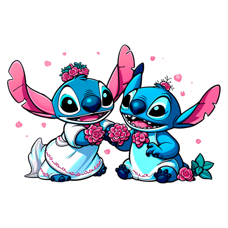 Dois Stitchs sorridentes em vestidos brancos segurando flores rosa, com detalhes florais no cenário, representando um momento alegre e lúdico.