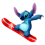 Personagem de desenho animado Stitch, de pele azul, fazendo um truque em uma prancha de snowboard vermelha.