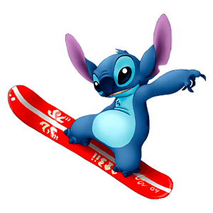 Personagem de desenho animado Stitch, de pele azul, fazendo um truque em uma prancha de snowboard vermelha.
