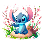 Personagem Stitch sentado em um ninho, cercado por flores de cerejeira e grama verde, transmitindo uma vibe alegre e acolhedora.