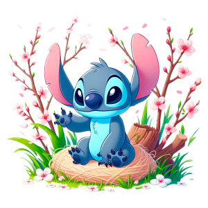 Personagem Stitch sentado em um ninho, cercado por flores de cerejeira e grama verde, transmitindo uma vibe alegre e acolhedora.