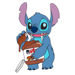 Personagem Stitch segurando um pote de Nutella, com rosto feliz e um sorriso voraz, exibindo a famosa marca de avelã e chocolate. Fundo verde.