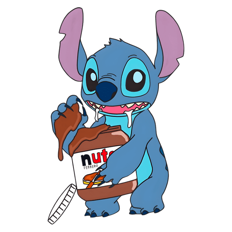 Personagem Stitch segurando um pote de Nutella, com rosto feliz e um sorriso voraz, exibindo a famosa marca de avelã e chocolate. Fundo verde.