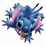 Personagem Stitch, da Disney, com pele azul, orelhas grandes e aparência travessa, flutuando de costas.