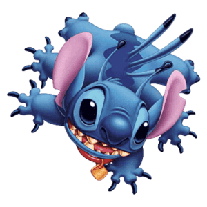 Personagem Stitch, da Disney, com pele azul, orelhas grandes e aparência travessa, flutuando de costas.